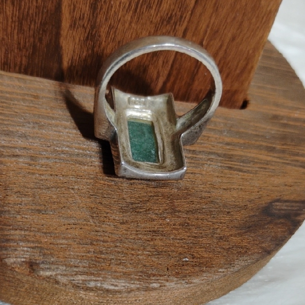 SALE! 925 Sterling Silver Vtg Ring W Rectangular Green Jade Gemstone - Picture 5 of 13